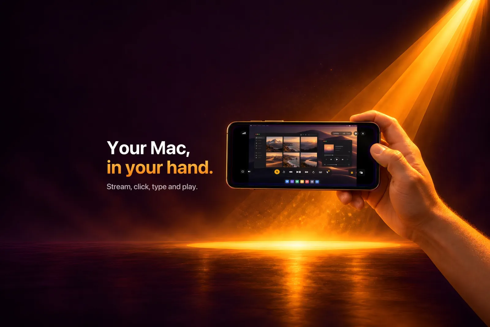 Beam on an iPhone held in landscape, showing a Mac desktop.
