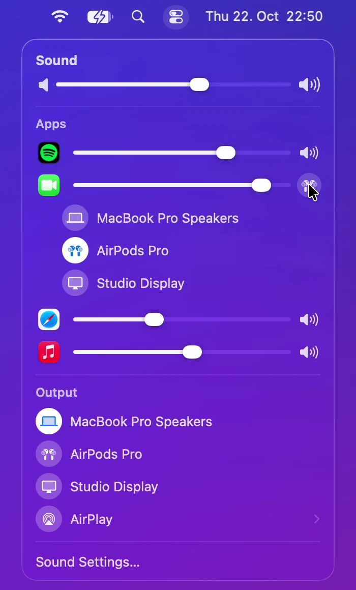 The Native Sound Mixer panel with a volume slider for each app.